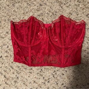 Victoria’s Secret lace and mesh bright red longline sheer bra metallic gold NWT